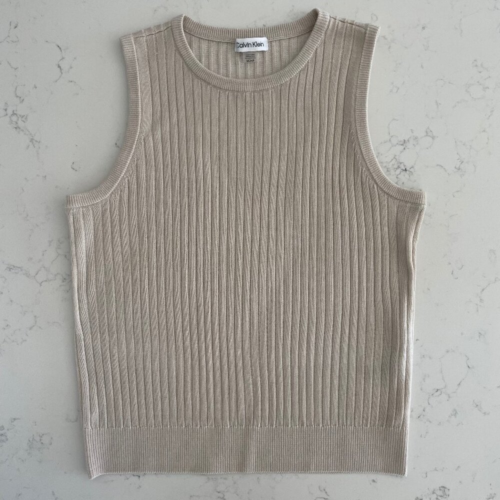 Calvin Klein Neutral Slvless Crew Neck Acrylic Ribbed Knit Top Taupe/Cream Sz S